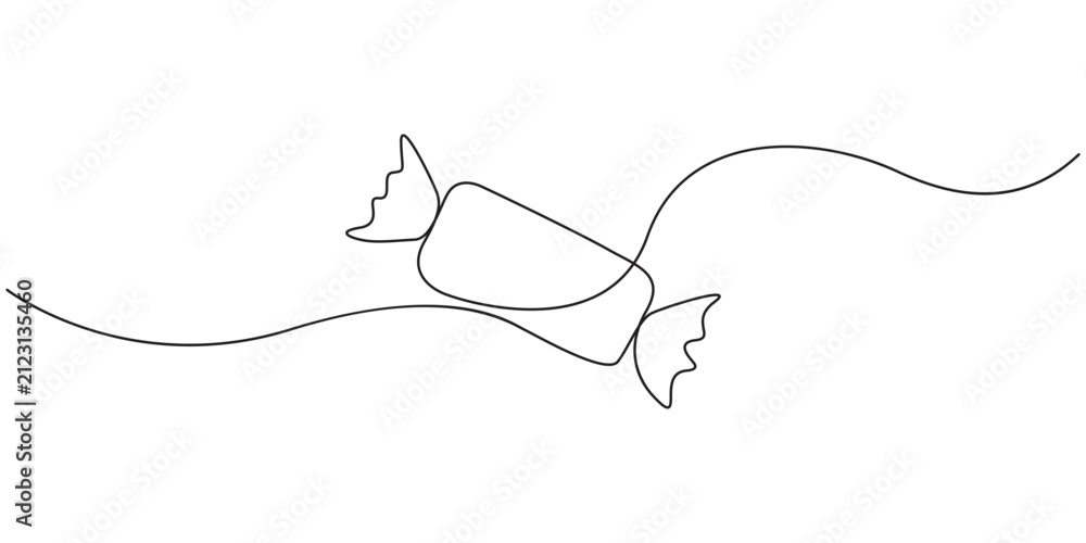 Obraz premium Candy vector illustration in continuous line art style for sweet food branding. Minimalist continuous line drawing of wrapped candy for confectionery and dessert packaging.