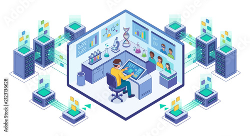 Business Command Center Office with Employee Monitoring Data Servers and Video Call Screens Isometric Illustration