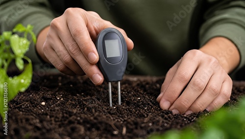 Gardener using electronic tester to measure soil moisture level in garden bed