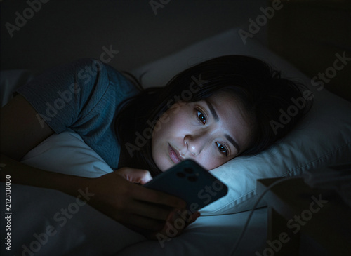 寝室のベッドの上でスマートフォンの画面を見つめる女性１