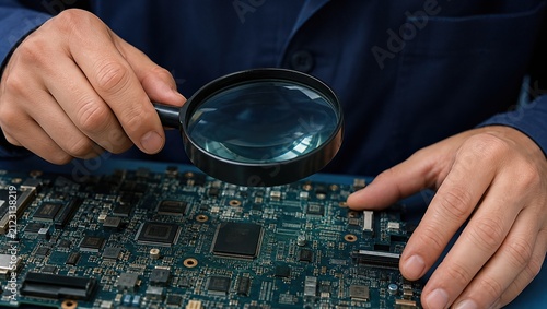 Technician using a magnifying glass to inspect electronic circuit board for hardware repair and quality control