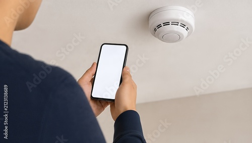 Man using a mobile phone application to monitor a smart smoke detector on the ceiling for home security and fire prevention