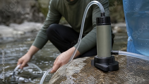 Person Using a Portable Water Filtration System to Purify River Water for Camping and Hiking Outdoors