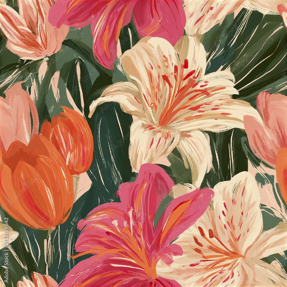 Obraz premium Seamless summer garden pattern with large hand painted lilies and tulips in warm colors creating vibrant floral design