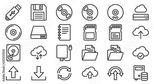 Minimalist line icons collection featuring various data storage devices, cloud computing concepts, and file transfer symbols on white