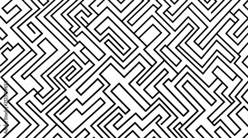 Black and White Geometric Maze Pattern, Abstract Labyrinth Line Art, Seamless Vector Illustration for Coloring Pages and Backgrounds