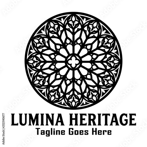 Ornate gothic cathedral rose window logo.