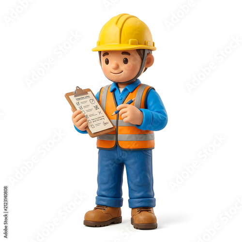 Professional 3D safety inspector holding a clipboard and inspection checklist, isolated on white background for workplace safety, auditing and quality control concepts.