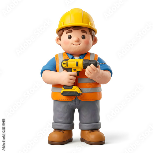 Friendly 3D construction worker holding a cordless power drill while wearing safety equipment, isolated on white background for building, maintenance and repair concepts.