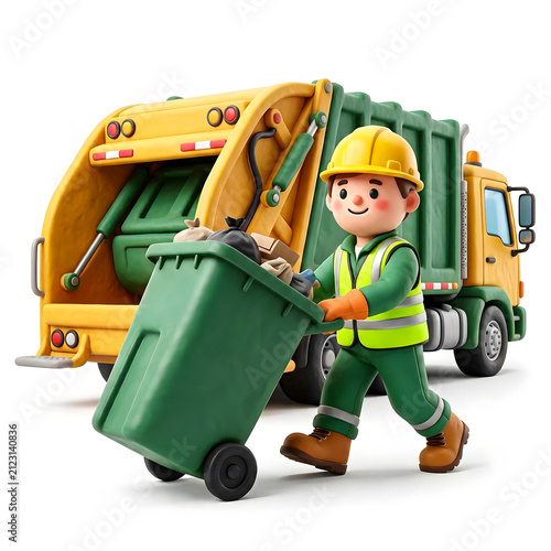 Cute 3D sanitation worker pushing a full wheelie bin toward a garbage truck, isolated on white background for municipal waste collection and disposal concepts.