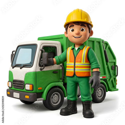 Smiling 3D garbage truck driver standing beside a waste collection truck, isolated on white background for sanitation and municipal service concepts.