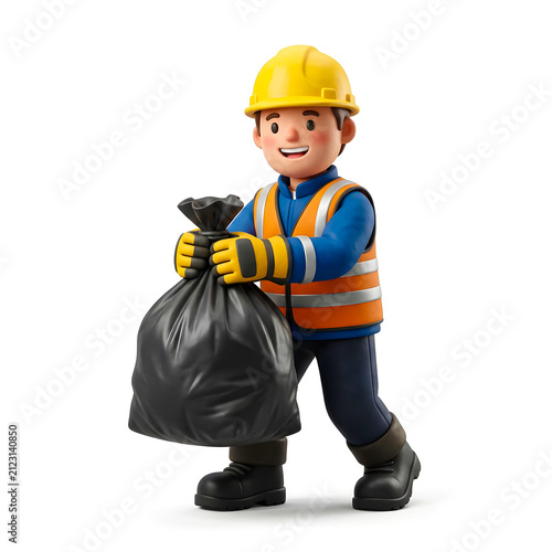 Friendly 3D garbage collection worker carrying a tied black trash bag while wearing safety gear, isolated on white background for waste management concepts and cleanup.