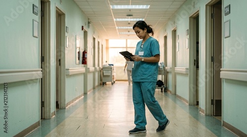 Female healthcare worker in teal scrubs reviewing clipboard while pausing mid-stride down a sunlit, soft-focus hospital corridor lined with closed doors and clinical equipment