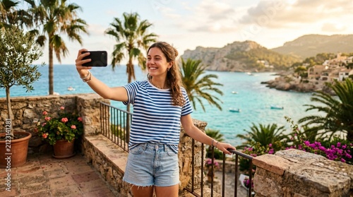 Young woman in striped shirt and denim shorts taking selfie on sunny Mediterranean coastal terrace overlooking turquoise sea and palm trees