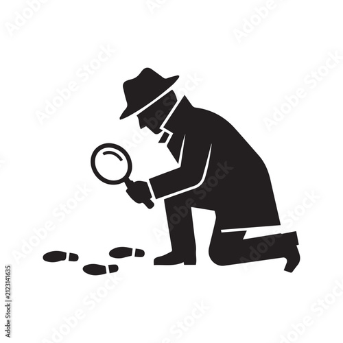 Detective Silhouette Icon Inspecting Footprints with Magnifying Glass
