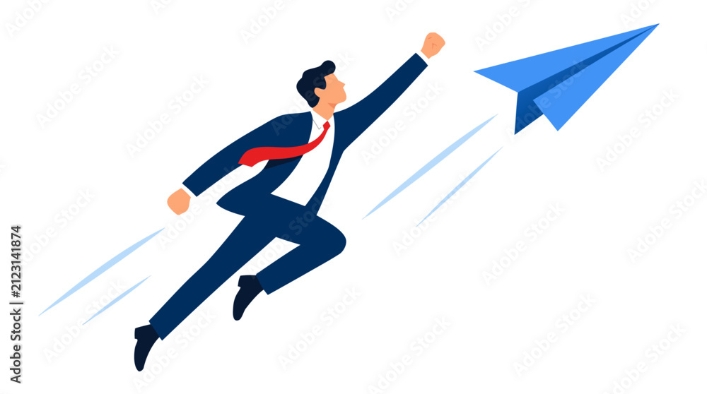 Fototapeta premium Businessman in navy suit soaring upward alongside blue paper airplane, flat vector illustration with motion lines, bold solid colors on clean white background, success and ambition concept