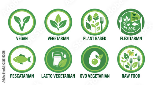 Set of diet and lifestyle icons representing various nutrition and food categories.