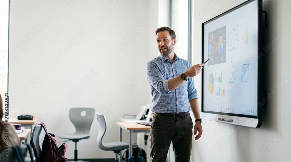 Fototapeta premium Teacher pointing at interactive smart board displaying charts and diagrams in a modern classroom
