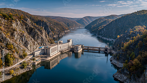 Majestic Hydroelectric Dam Amidst Autumnal Mountain Landscape.