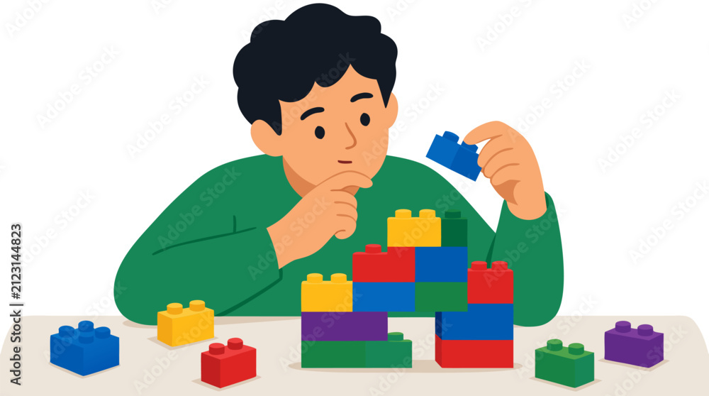 Obraz premium Thoughtful young man thoughtfully playing with colorful toy building blocks on table, solving creative puzzle with stacked bricks, flat bold vector illustration for education and childhood concepts