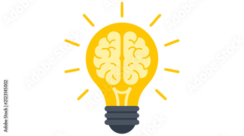 Glowing yellow light bulb with brain inside radiating warm light rays, bold flat icon design on solid background, idea and intelligence concept illustration