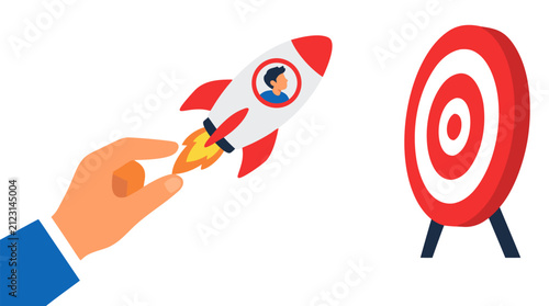 Hand launching rocket with businessperson inside toward red target, flat bold vector illustration on white, goal achievement concept, startup success, marketing strategy