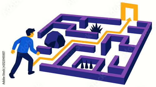 Isometric maze illustration featuring man navigating purple labyrinth with boulder and spike obstacles, yellow pathway leading to arched exit doorway, bold flat design on clean white background