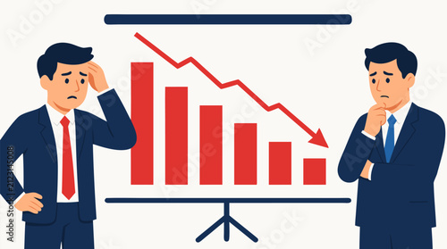 Two worried businessmen in suits analyzing a downward trending red bar chart showing declining profits and financial loss, bold flat vector illustration