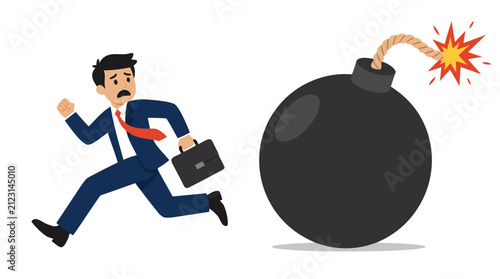 Panicked businessman in suit fleeing from giant round black bomb with burning fuse and explosion, cartoon vector illustration depicting debt crisis and financial trouble concept