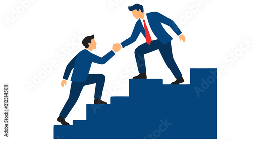 Businessman helping colleague climb staircase, symbolizing teamwork, cooperation, mentorship, and leadership support in bold flat vector illustration style for corporate concept