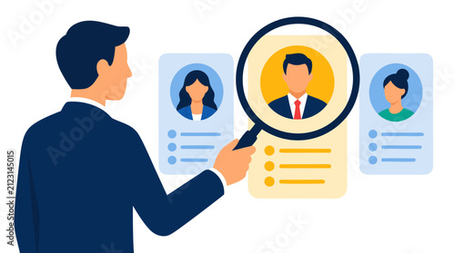 Employer businessman using magnifying glass to scrutinize candidate resume profile cards, talent recruitment and HR hiring concept vector illustration in flat design style with blue and yellow tones