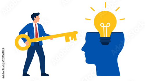 Businessman holding a large golden key unlocking a human head with a glowing lightbulb idea emerging, symbolizing innovation, problem solving, and creative thinking concepts