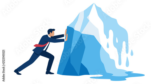 Businessman pushing back melting iceberg climate change concept bold flat vector illustration
