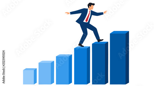 Businessman balancing and walking on rising ascending blue bar chart graph, precarious stance with arms outstretched, depicting financial risk, market volatility, and uncertain business growth or