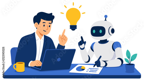 Businessperson and friendly robot collaborating at desk with glowing lightbulb idea, human-AI partnership concept, flat vector illustration of teamwork, innovation, and artificial intelligence