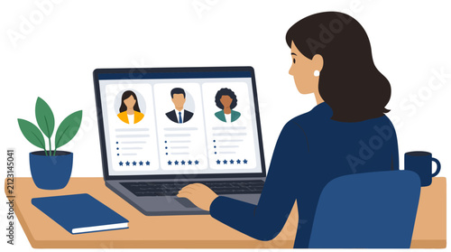Businesswoman reviewing candidate resumes on laptop screen at office desk, representing hiring, recruitment, and human resources concept in flat vector illustration style