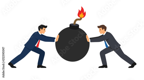 Two businessmen pushing a burning bomb together, bold flat cartoon vector illustration representing shared responsibility, teamwork, crisis management, danger, and explosive business risk concept