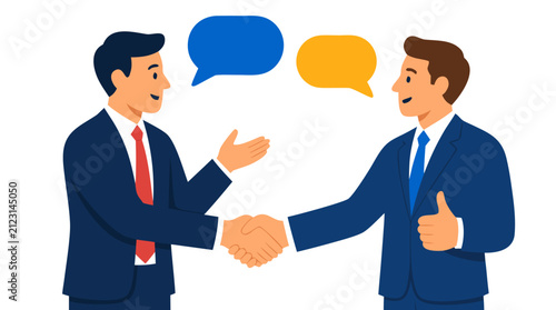 Two businessmen shaking hands with speech bubbles, flat design illustration showing successful negotiation and agreement concept in bold colors