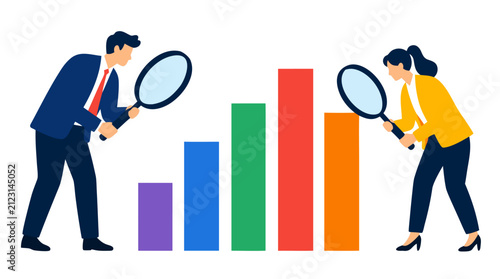 Two businesspeople examining colorful bar chart with magnifying glasses, flat vector illustration, bold solid colors on clean white background, analytics concept