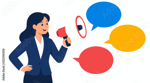 Businesswoman holding megaphone with colorful speech bubbles, flat illustration in bold solid colors on clean white background, vector style marketing announcement concept