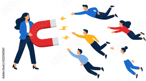 Businesswoman holding giant red horseshoe magnet attracting flying people, metaphor for leadership, customer attraction, marketing influence, recruitment power, and brand pull in corporate vector