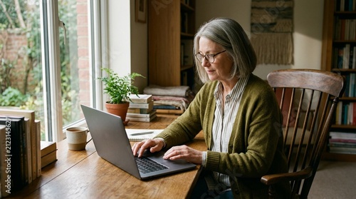 Mature gray-haired woman working on laptop at wooden desk by sunlit window, cozy home office with bookshelf, potted plant, and warm natural light illuminating her face