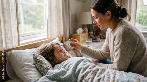 Caring mother checking fever with digital thermometer while sick young daughter rests under blanket in sunlit bedroom, nurturing childhood illness and family healthcare moment