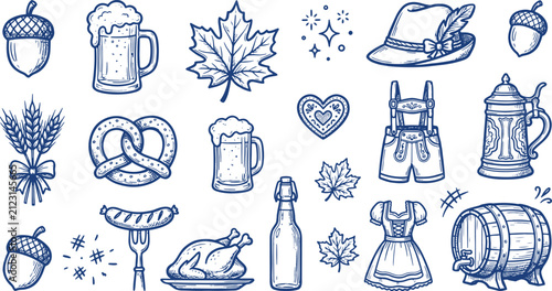 Oktoberfest beer and traditional german food elements collection with oktoberfest pretzels festival bavarian clothing celebration tradition handdrawn collection illustration