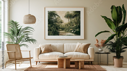 Modern living room with tropical nature wall art and cozy seating arrangement