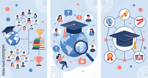 Global Academic Network and Graduation Concept Vector Illustration Set Featuring Students Globes Mortarboard Caps Trophies Books and Educational Icons
