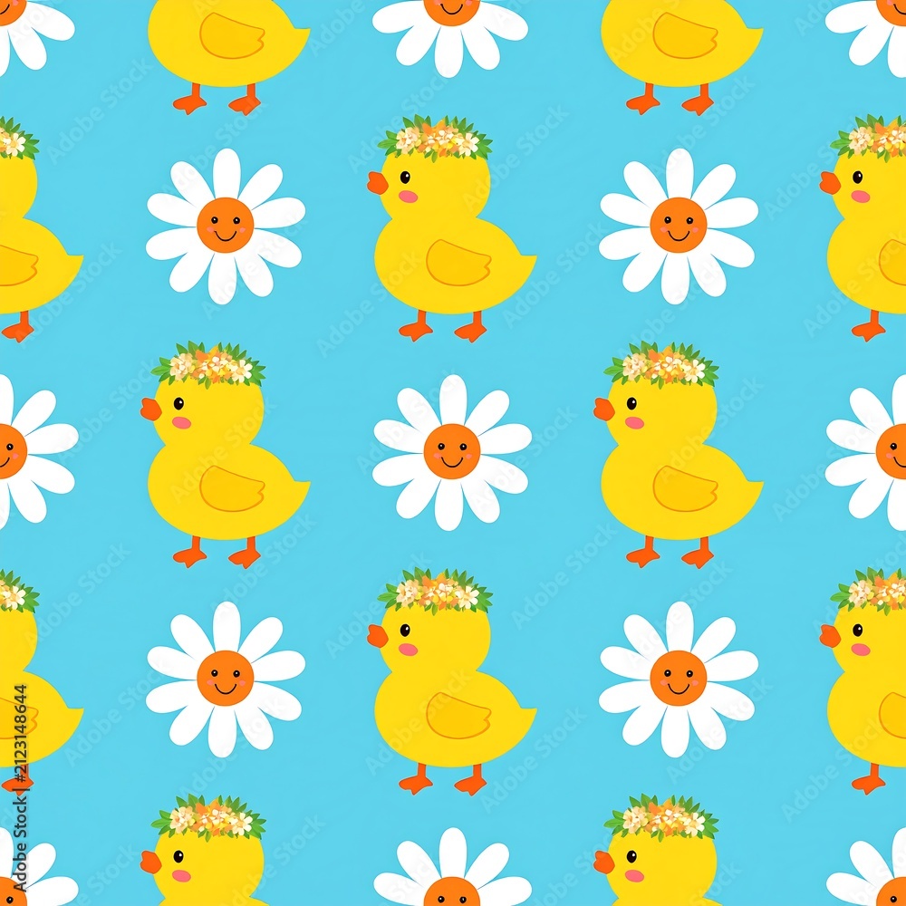 Fototapeta premium Cute Yellow Duckling Floating Among White Daisy Flowers Repeat Design