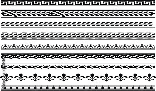 Ancient Greek Border Silhouette Vector Set Featuring Classic Meander Patterns Laurel Leaves Geometric Dividers and Fleur De Lis Framework Graphic Designs