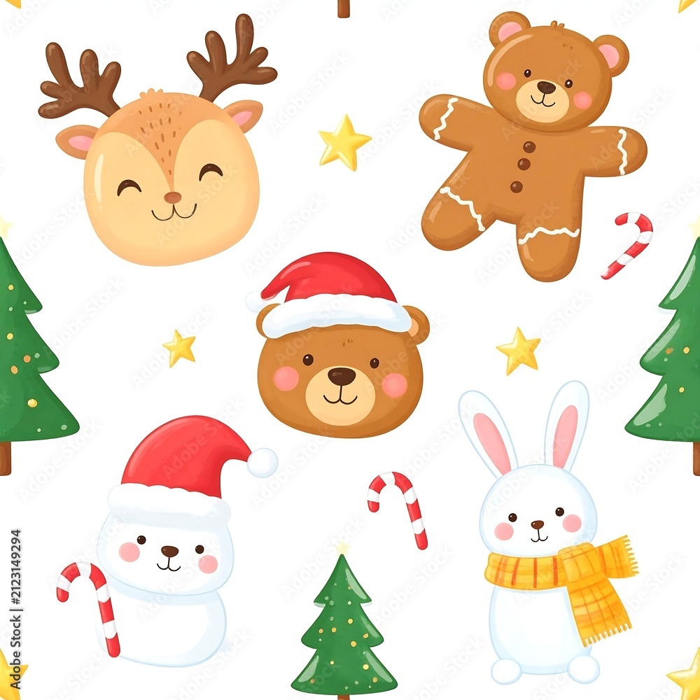 Fototapeta premium Cute Winter Animals Trimming Christmas Tree Seamless Pattern