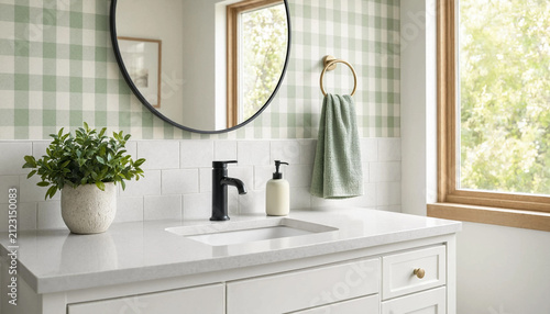 Modern bathroom vanity featuring green gingham wallpaper and a minimalist black faucet design.